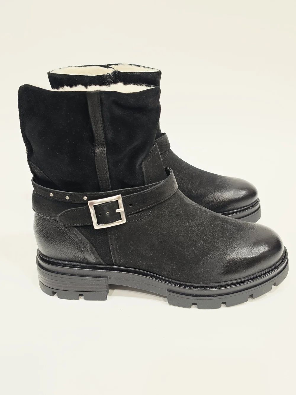 Miz Mooz Bonney Black Leather Shearling-Cuff Buckle Booties US 10.5/EU 41